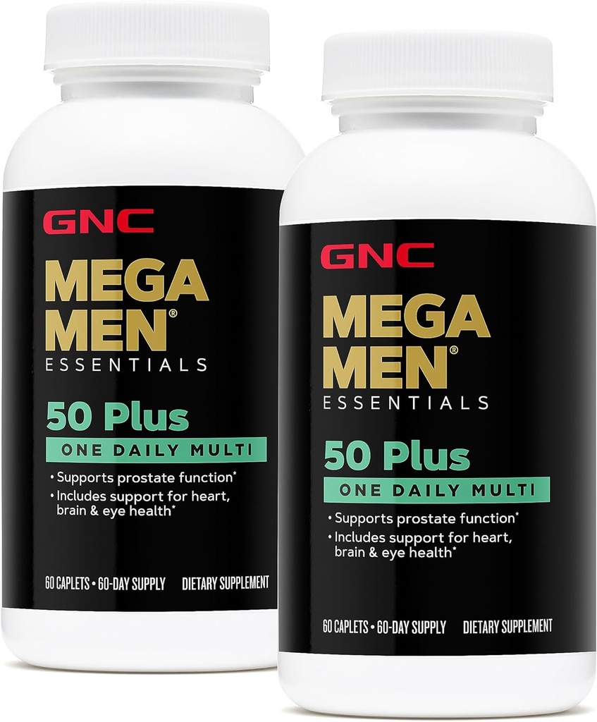 GNC Mega Men 50 Plus En dnevni multivitamin, Twin Pack, 60 Caplets na steklenico, Podpira zdravje srca, možganov in oči