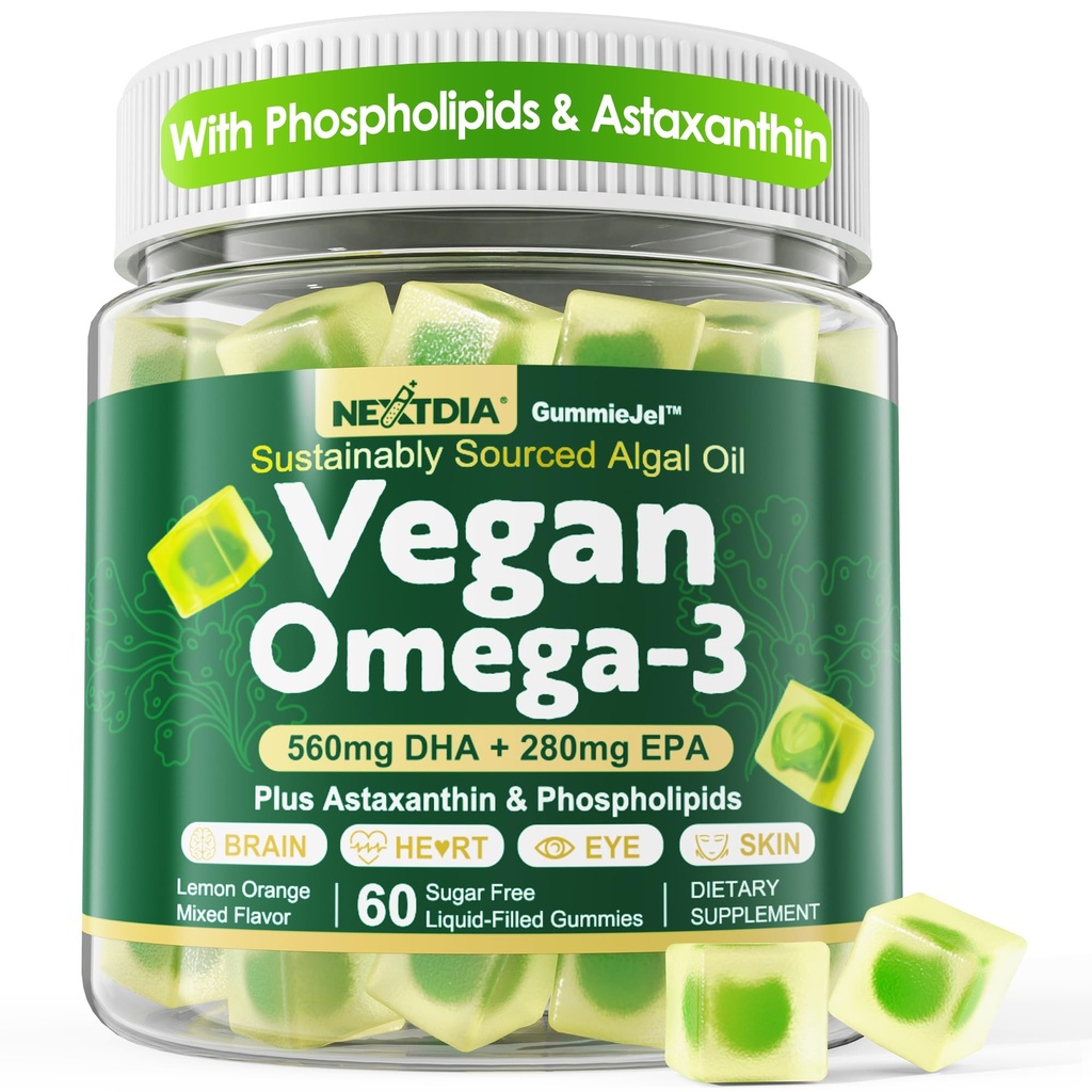 Vegan Omega 3 Gumies + Fosfolipids, Astaksantin, Vitamin D3, DHA 560mg & EPA 280mg, Algae Omega brez rib 3 Dodatek za odrasle in otroke za možgane, oči, kožo in splošno zdravje, sladkor brez, 60 Cts