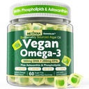Vegan Omega 3 Gumies + Fosfolipids, Astaksantin, Vitamin D3, DHA 560mg & EPA 280mg, Algae Omega brez rib 3 Dodatek za odrasle in otroke za možgane, oči, kožo in splošno zdravje, sladkor brez, 60 Cts