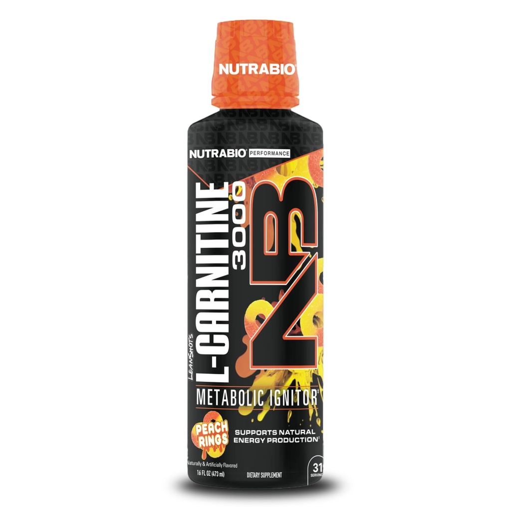 NutraBio – L-karnitin Liquid Shots – 3000mg, (Peach obroči) – 10mg vitamina B-5 – Nič ogljikovih hidratov in sladkorjev – proizvodnja energije – okrevanje mišic