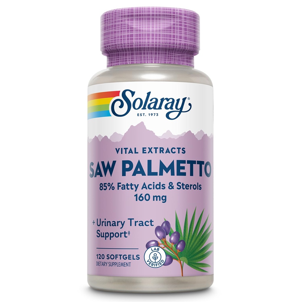 SOLARAY Saw Palmetto Extract - Prostata Health and urinary Tract Support - 136 mg Maščobne kisline in steroli - Laboratorij preverjen, 60-dnevni denar nazaj garancije (120 Servings, 120 Softgels)