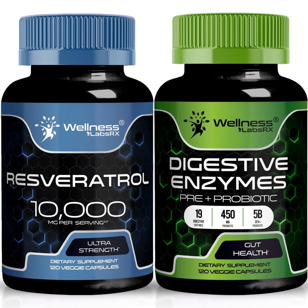 WELLNESS LABSRX Resveratrol Kapsule 10.000 mg - Prebavne encime 450mg