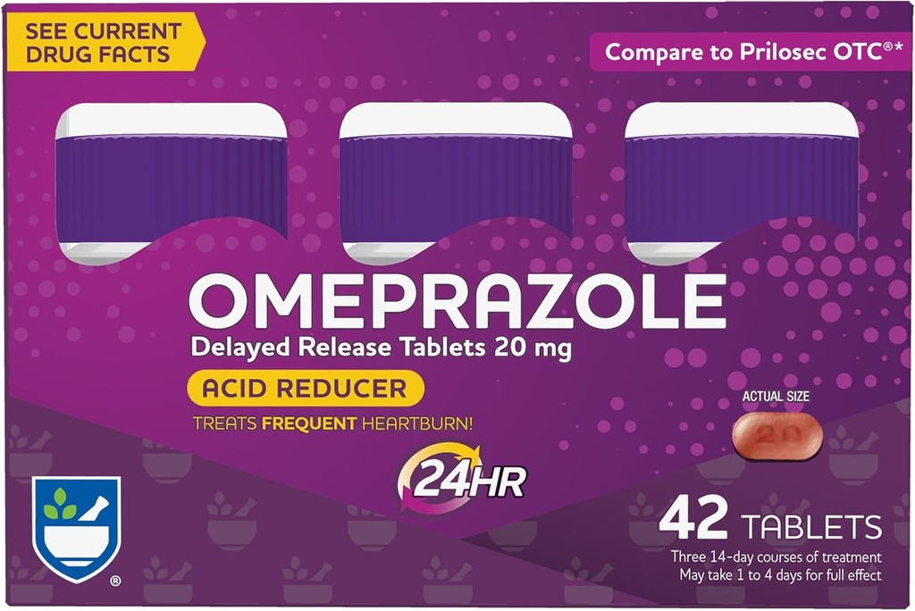 Rite Aid Aid Acid Reducer Omeprazol Zapoznelo sproščanje tablete - 20 mg, 3 steklenice, 14 Število vsak (42 Število skupaj), Nearomaden, Zgaga Relief, Zgaga Medicine, Zdravljenja Pogosta zgaga