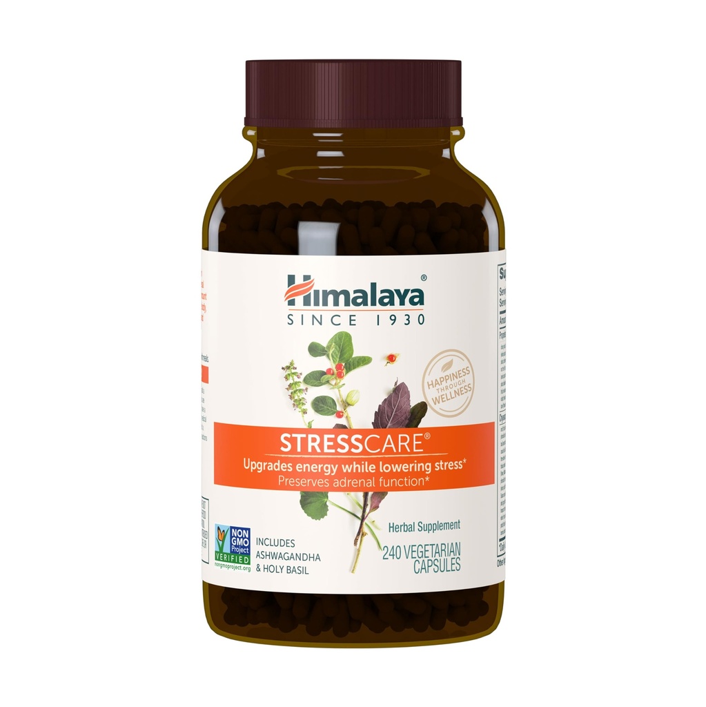 Himalaja StresCare Zeliščni dodatek, Podpira Stress Relief, Energetska podpora, Sprostitev, Občasno nespečnost, Ashwagandha, Sveti Basil/Tulsi, Gotu Kola, Ne-GMO, Vegetarian, 240 Kapsule