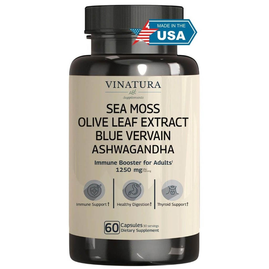 VINATURA Organic Sea Moss, Blue Vervain - s črnim oljem, Ashwagandha, Ginger, Burdock Root Kapsules - 1250mg na serviranje, *ZDA Made & Tested* Imune Booster za odrasle