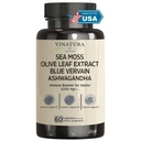 VINATURA Organic Sea Moss, Blue Vervain - s črnim oljem, Ashwagandha, Ginger, Burdock Root Kapsules - 1250mg na serviranje, *ZDA Made & Tested* Imune Booster za odrasle
