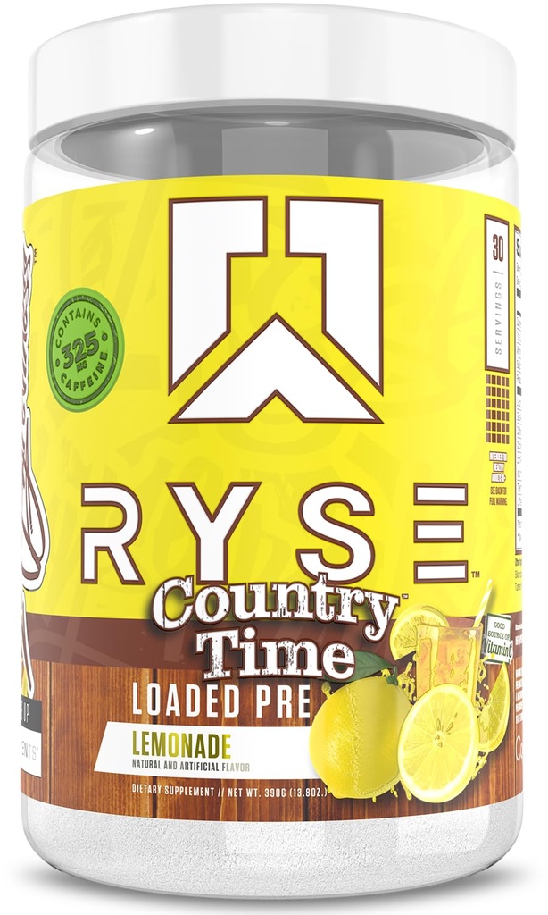 RYSE naložen pred vadbo v prahu - limonada Country Time - Dnevni predworkout za moške in ženske s 325mg kofeina, Beta Alanina in citrulin za črpalko, fokus in energijo - 30 Servingov