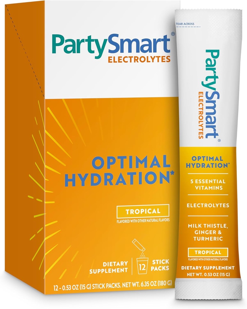 Himalaja PartySmart Tropical Electrolytes Powder Packets, 12 Štetje, Podpira Hidracijo, Rehidriranje z natrijem in kalijem, Vitamin C & več, Antioksidant Recovery Mešanica mleko osat, ingver & kurkuma