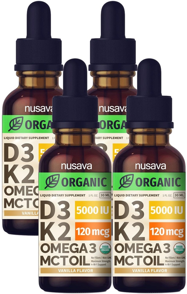 (4 pakiranja) Organski vitamin D3 K2 Kapljice z MCT oljem Omega 3, 5000 i.e., največja jakost vitamin D tekočina - brez polnil, ne-GMO tekočina D3 za hitrejšo absorpcijo in imuno podporo (Vanilija, 4 Fl Oz)