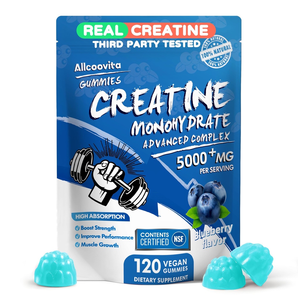 Kreatin Monohidrat Gumies Complex za moške in ženske - 120 Gumies Napredna Formula, L-Taurine + Vitamin B12 za mišično moč, mišice Graditelj, Energy Boost, Predworkout dodatek - Blueberry