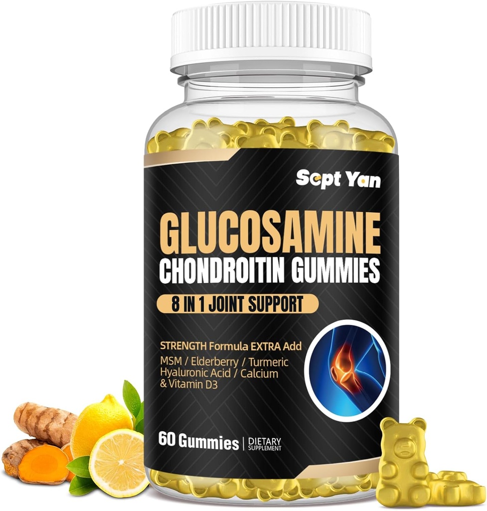Glukozamin Chondroitin Gumies - 60 skupnih podpornih dodatkov - 1500mg Dodatna moč z MSM, Starejše jagode, Kurkuma - Kartilaža in Imunska podpora za odrasle, moške in ženske Vegan - Enostavno pogoltniti