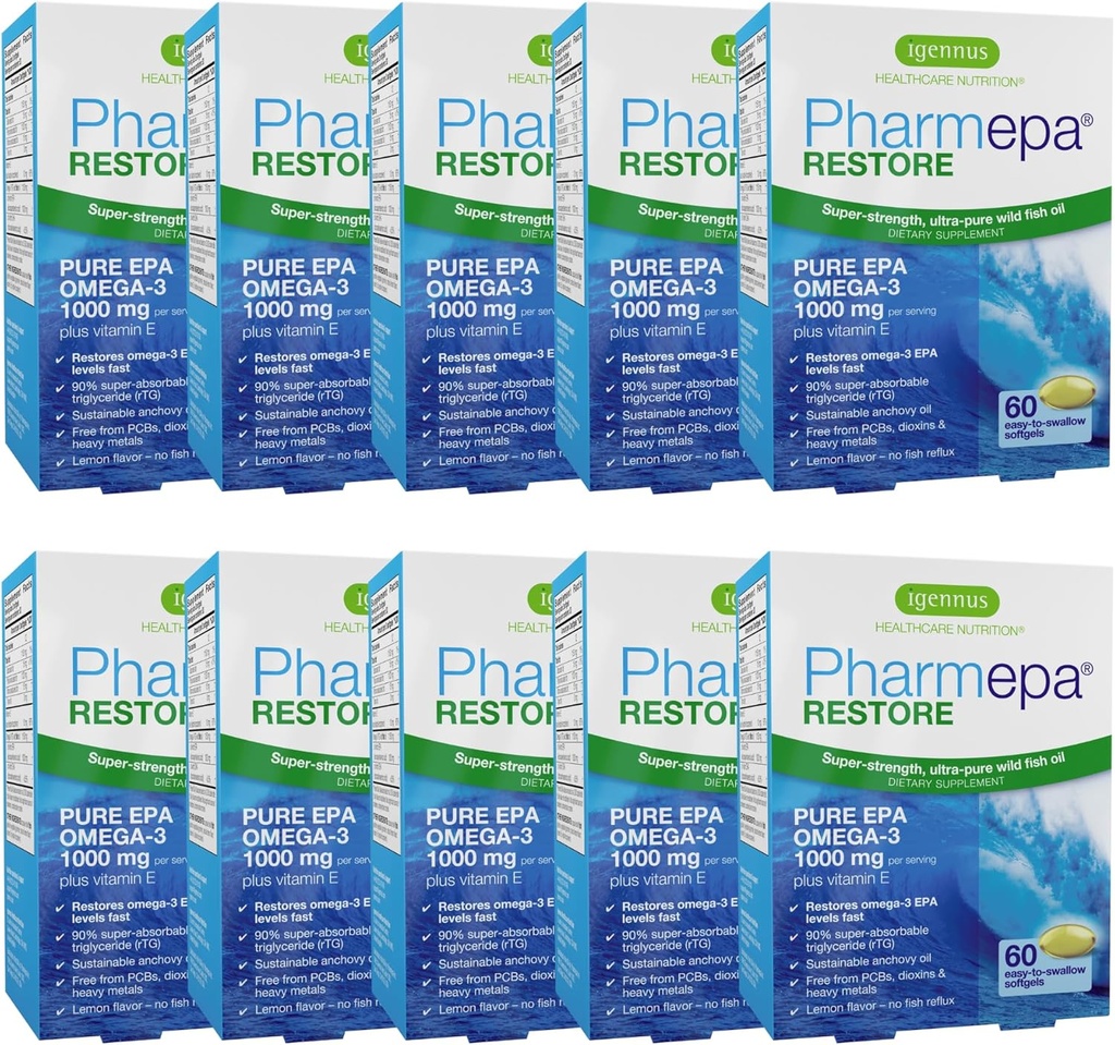 Igennus Pharmepa Restore, Pure EPA 1000mg, Omega 3 rtG ribje olje, IFOS Certified, Visoka absorpcija, 90% Koncentracija Triple Jakost, Wild & Sustainable, Lemon Flavor, 10-mesečna dobava, pakiranje po 10