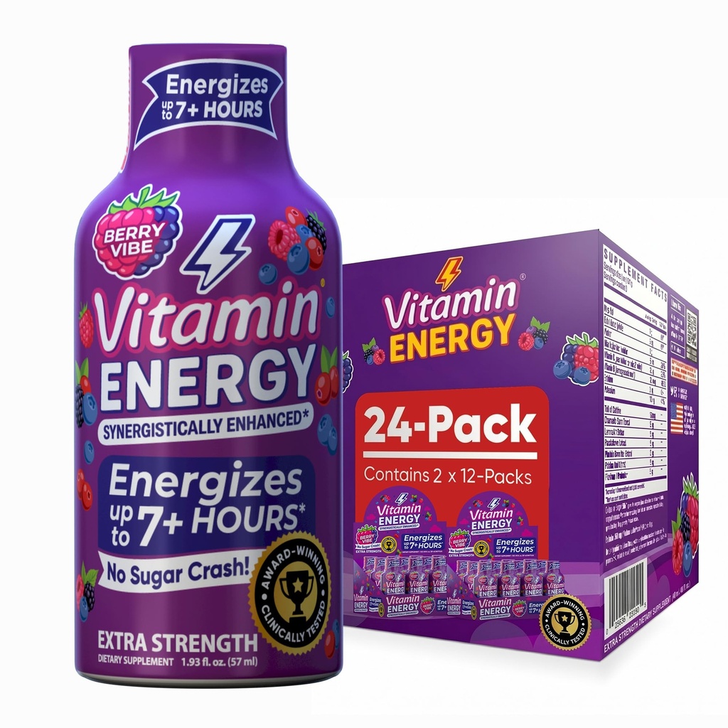 Vitamin Energija Mood+ Ekstra Energija Shot Tropical Berry 24 Pack, 260mg Naravni kofein, B-vitamini, Rhodiola, Kamilica, Mood & Energy Support, Zero Sugar, Gluten-free, Vegan, 1,93 fl oz