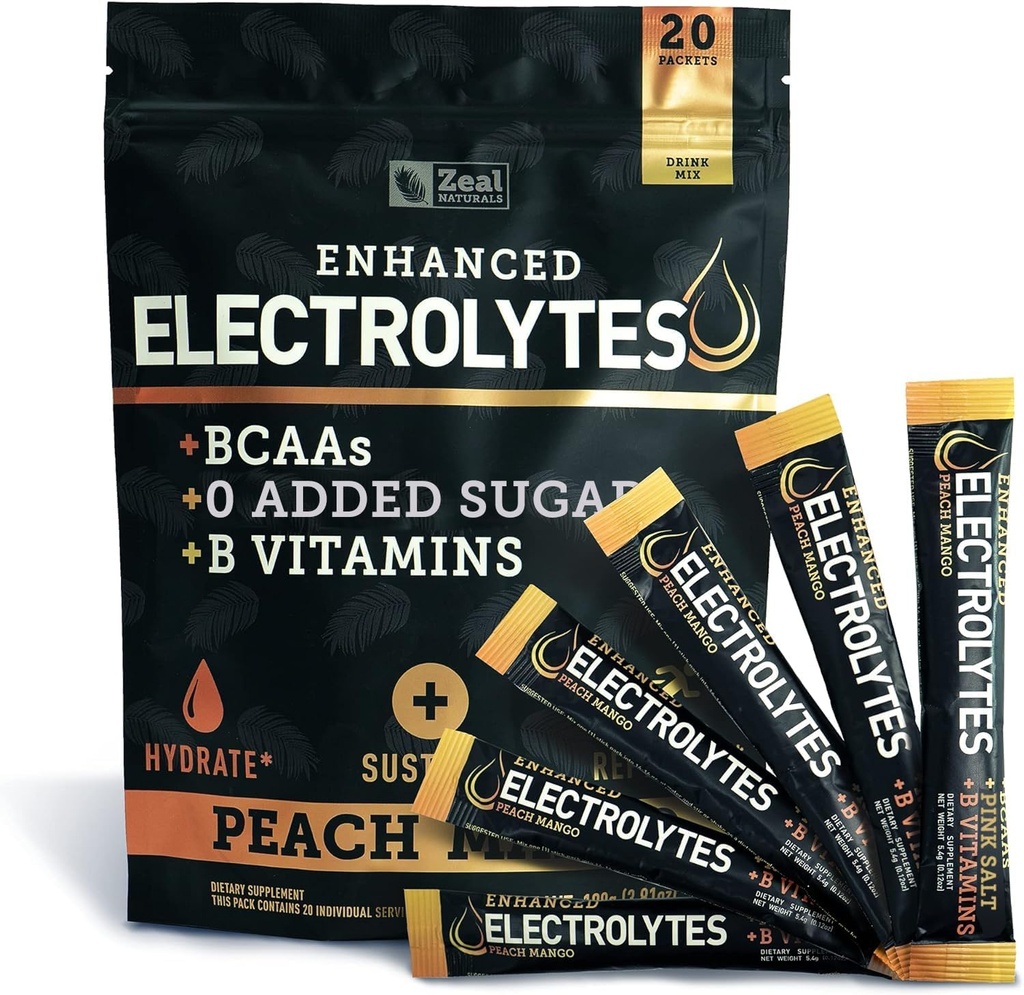 Izboljšani elektrolitski prah (Peach Mango 20pk.) w 0 sladkor + BCAAs +B-Vitamini Elektrolitski dodatek w Kalijev cink in magnezij za hidracijo - Keto Elektroliti