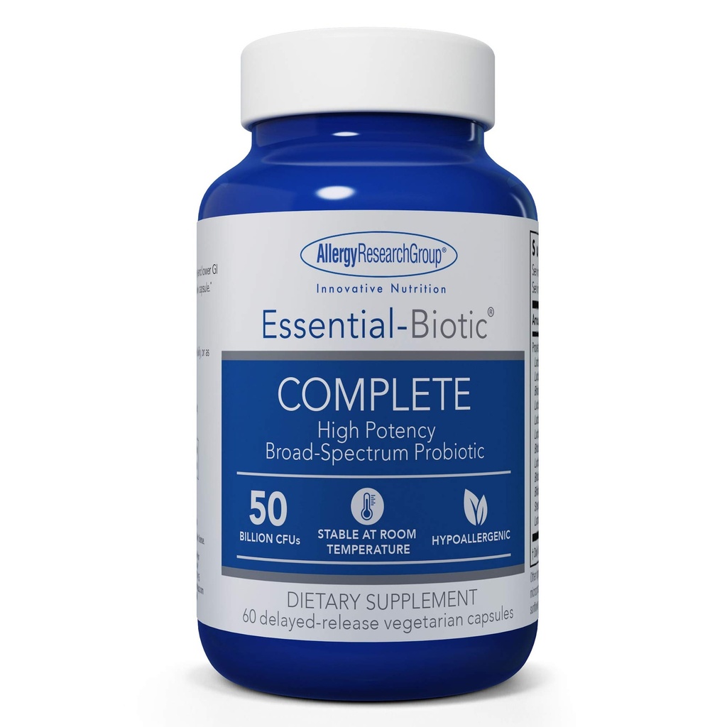 Alergija Raziskovalna skupina Essential-Biotic Complete Supplement - Visoka moč Probiotiki za moške in ženske, Podpira Gut & Prebavno zdravje, 50 milijard CFU, Zapozneli-zapozneli vegetarijanske kapsule - 60