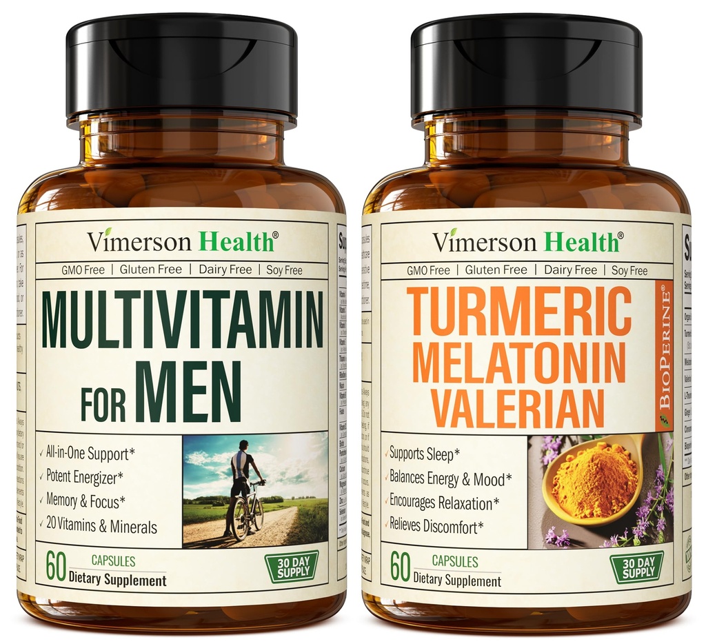 Moški multivitamini + kurkuma melatonin Valerian Bundle za skupno podporo in nelagodje, imuno zdravje in vnetni odziv