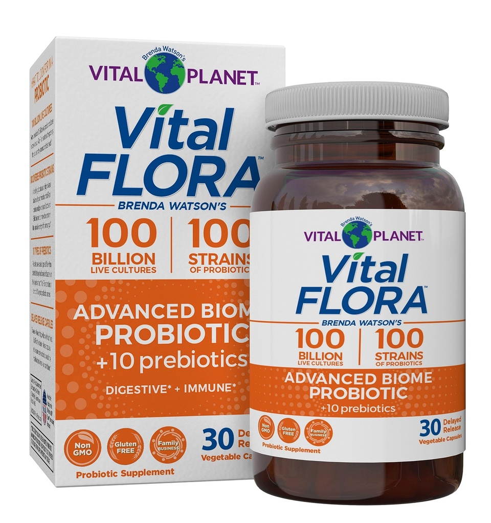 Vital Planet - Vital Flora Advanced Biome Probiotic 100 milijard CFU, 100 različnih sevov, 10 organskih prebiotikov, imunske podpore, Colon and Digestive Health Probiotics za ženske in moške 30 kapsul