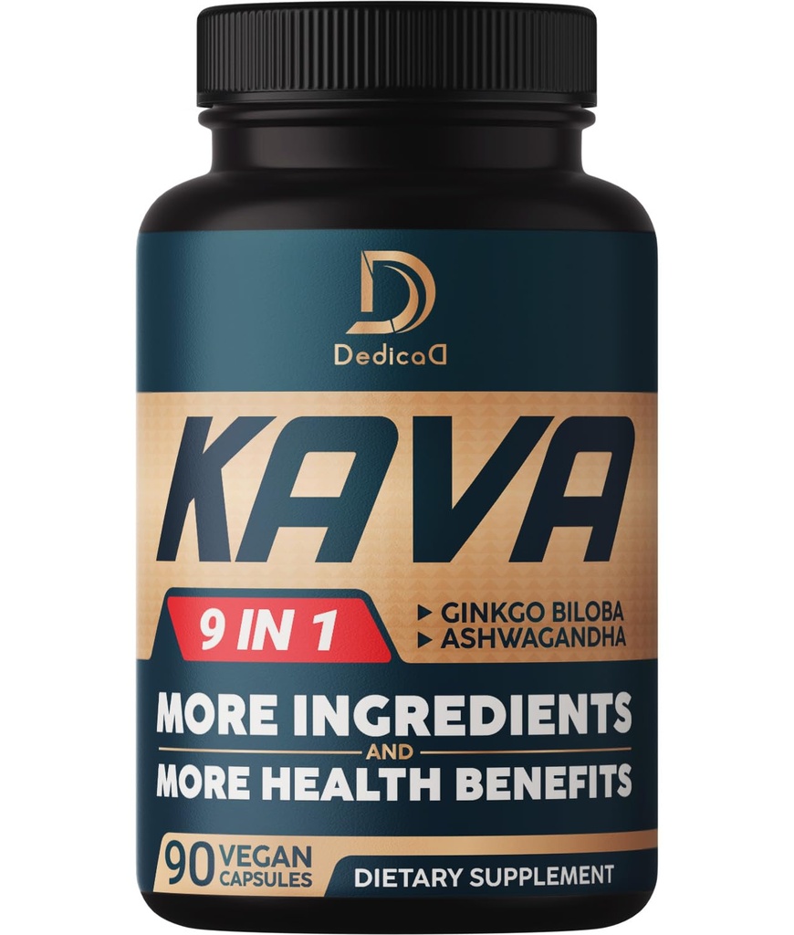 Kapsule Kava - 3-mesečna zaloga - 9 zelišč z Ginkgo Biloba, korenom Ashwagandha, andsko kakav, graviola list, kamilica, valerian, limonin balzam & lobanja - podpora Mood & Imune - 90 tablet