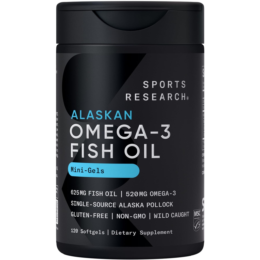 Športne raziskave Ribje olje Mini-softgels - Enostavno za pogoltniti Omega-3 Maščobne kisline iz divje ujete Aljaske Pollock - 625mg, 120 Softgels
