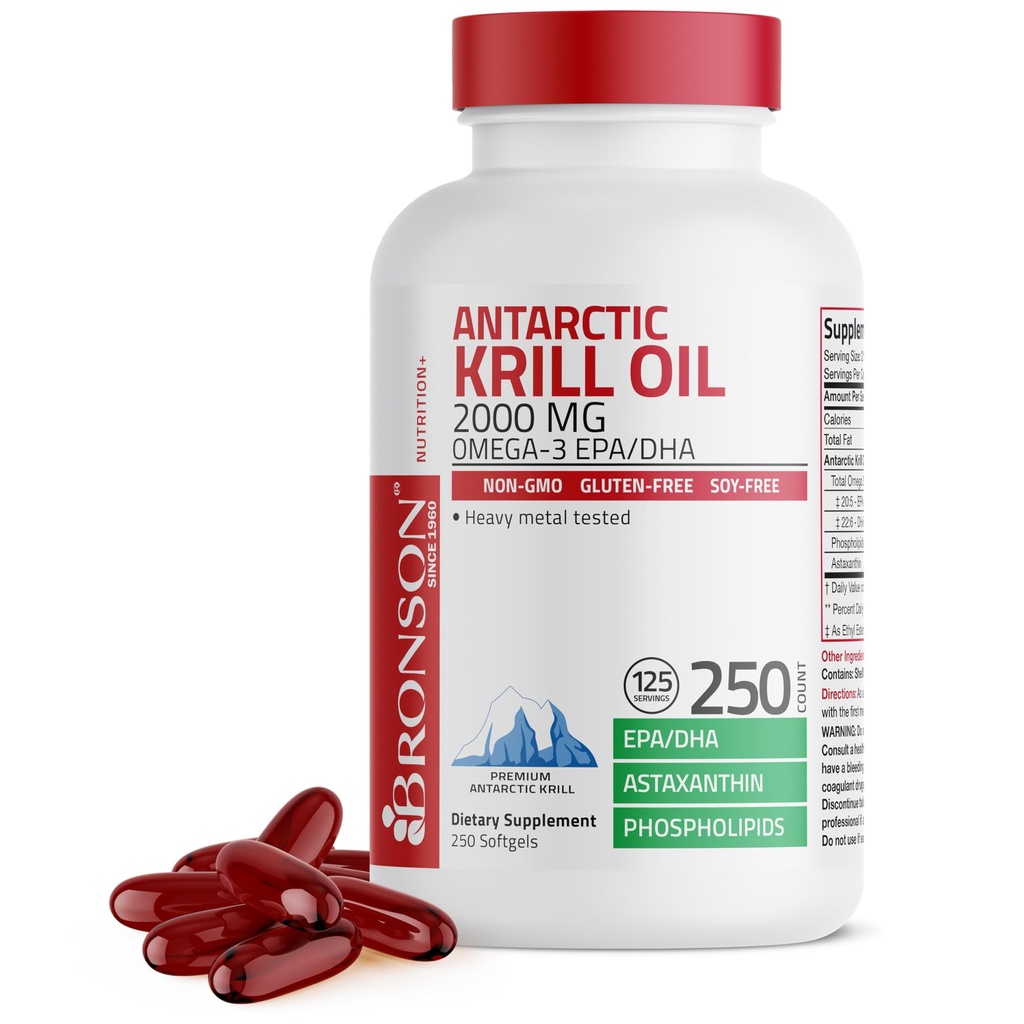 Bronson Antarktika Krill Oil 2000 mg z Omega-3s EPA, DHA, Astaksantin in fosfolipidi, 250 Softgels (125 Serving)
