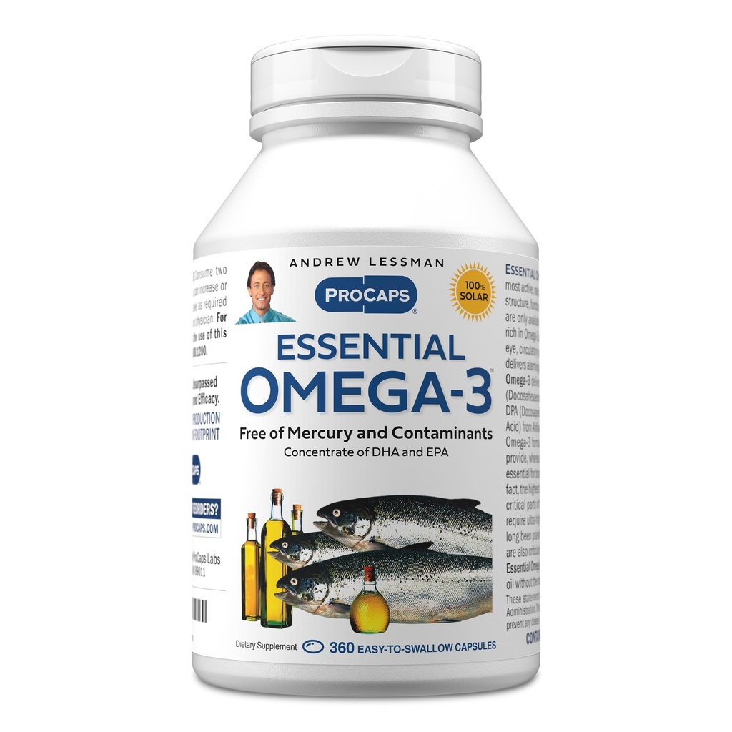 ANDREW LESSMAN Essential Omega-3 Unflavored - 360 Softgels - Ultra-Pure, Omega-3 Oils. Visoka DHA, brez želodčne vstaje, brez onesnaževalcev, brez živega srebra. Majhen, enostaven za požiranje softgels