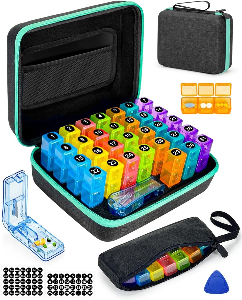 Mesečne tablete Organizator 3 krat na dan, Friwole Medicine Organizator Box z prenosljivim trde školjke in tabletke Cutter, 31 Day Pill Box z mesečnim in tedenski nalepko (3 krat na dan)