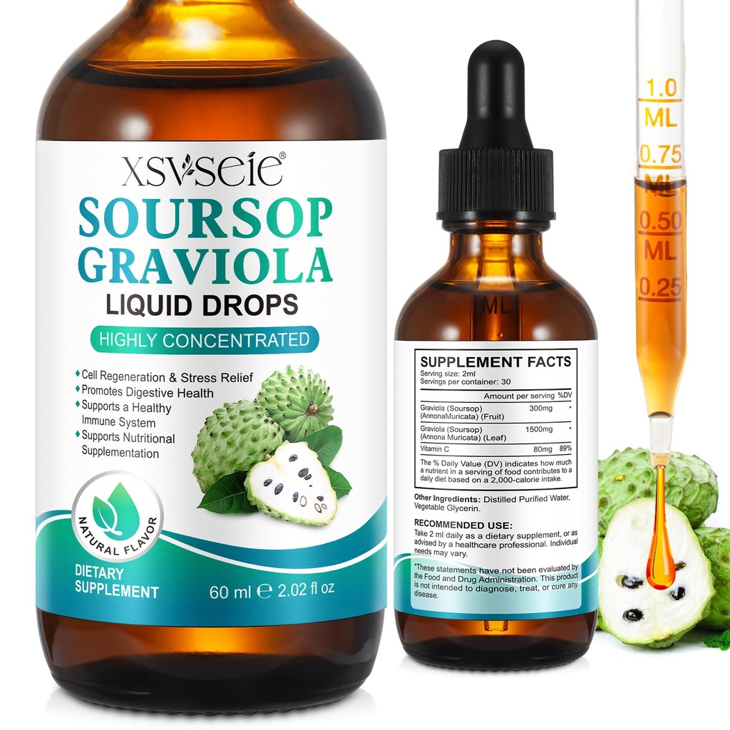 Soursop Graviola Tekoča kapljica, Soursop olje za podporo in regeneracijo, Imunsko povečanje, Sprostitev, Jetra in spanje, Soursop Bitters Liquid, Vegan, Sladkor & Gluten, Naravni okus, za moške in ženske-2 Fl Oz