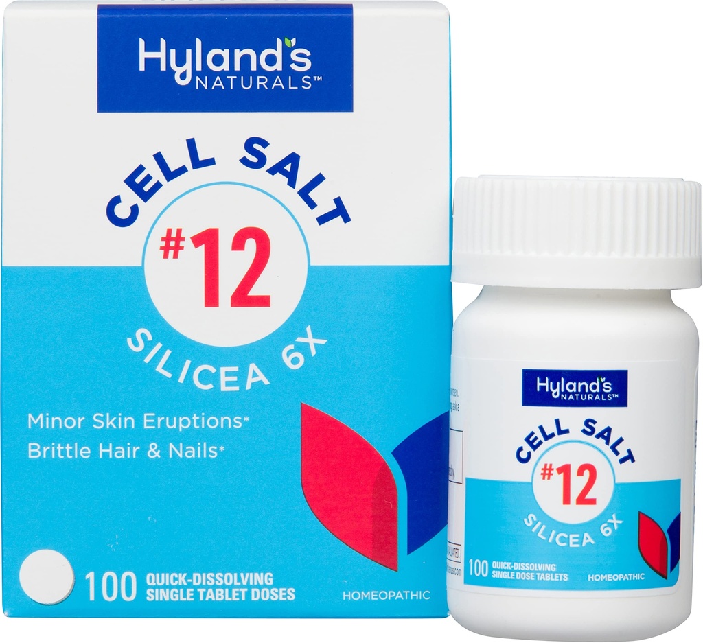 Hyland's No 12 Cell Salt Silicea 6X tablete, Acne in Blackhead zdravljenje, las in nohtov dodatek in krepitev, draženje kože, hitro raztapljanje tablete, 100 Število