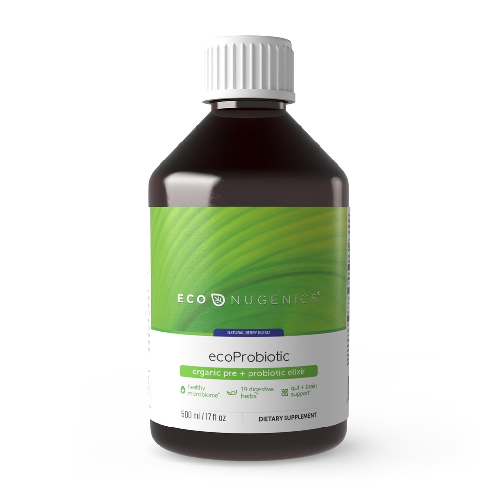 EcoNugetics ecoProbiotic: Probiotic & Prebiotic Supplement for Women & Men w/ 19 Digestive Herbs – Podpira Microbiome & Gut Health + Immune Function – živo fermentirana Liquid Vegan Formula (17 oz)