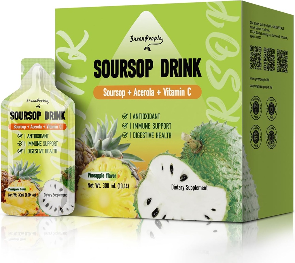 GREENPEOPLE Soursop & Acerola Tekoči dodatek pijača, Soursop Bitters tekoči, Imunsko spodbujanje Vitamin C pijača, hitra absorpcija, Vegan, Non-GMO, 10 Packets