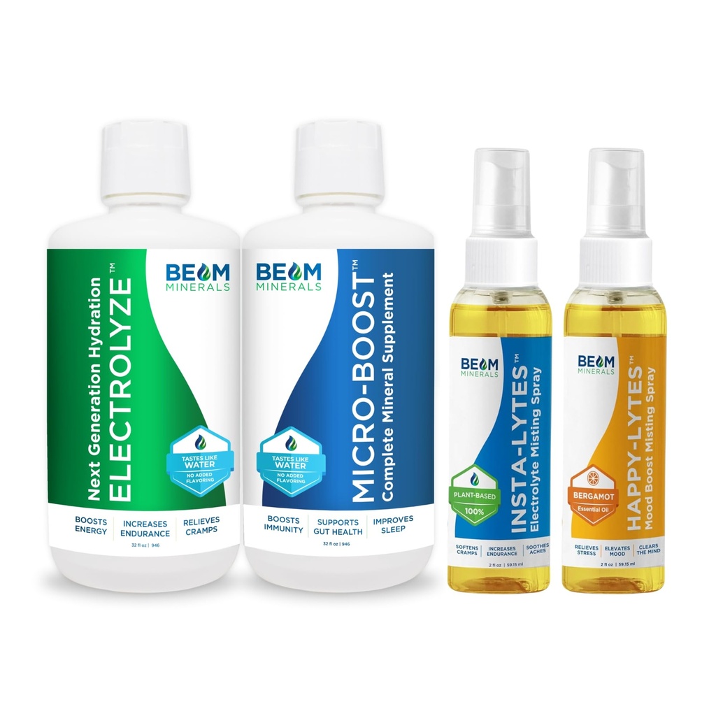 Beam Minerals Micro-Boost Humic Mineral Mešanica & Elektroliza Tekoča in Insta-Lytes Naravni tekoči elektroliti 2oz in Happy-Lytes Fluvic Elektrolit Misting Spray 2oz