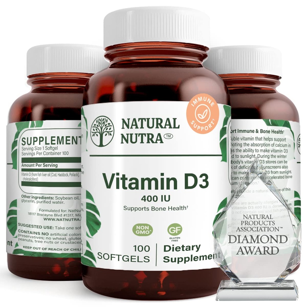 Naravni Nutra Supreme Vitamin D3 400 i.e. softgels, pomaga povečati imunski, podporo pljuč zdravje, Sunshine Vitamin, pomaga izboljšati kardiovaskularno zdravje, kosti in zob moč, Gluten-free, 100 Softgels