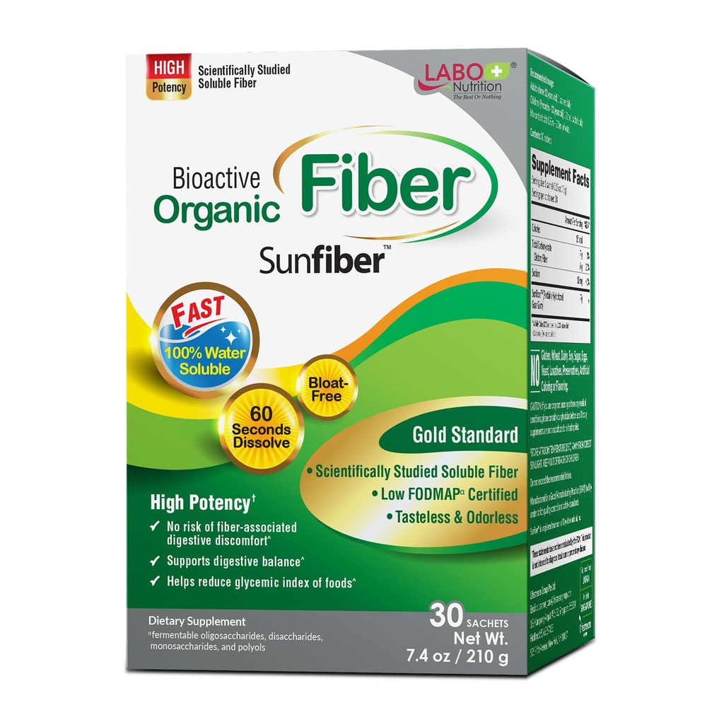 LABO Nutrition Bioactive Organic Fiber – Sunfiber PHGG Topen Prebiotic Fiber za digestivno regularnost in Gut Health – Delno hidroliziran Guar Gum, Low FODMAP, Unflavored, Vegan, Non-GMO, 30 Sachets