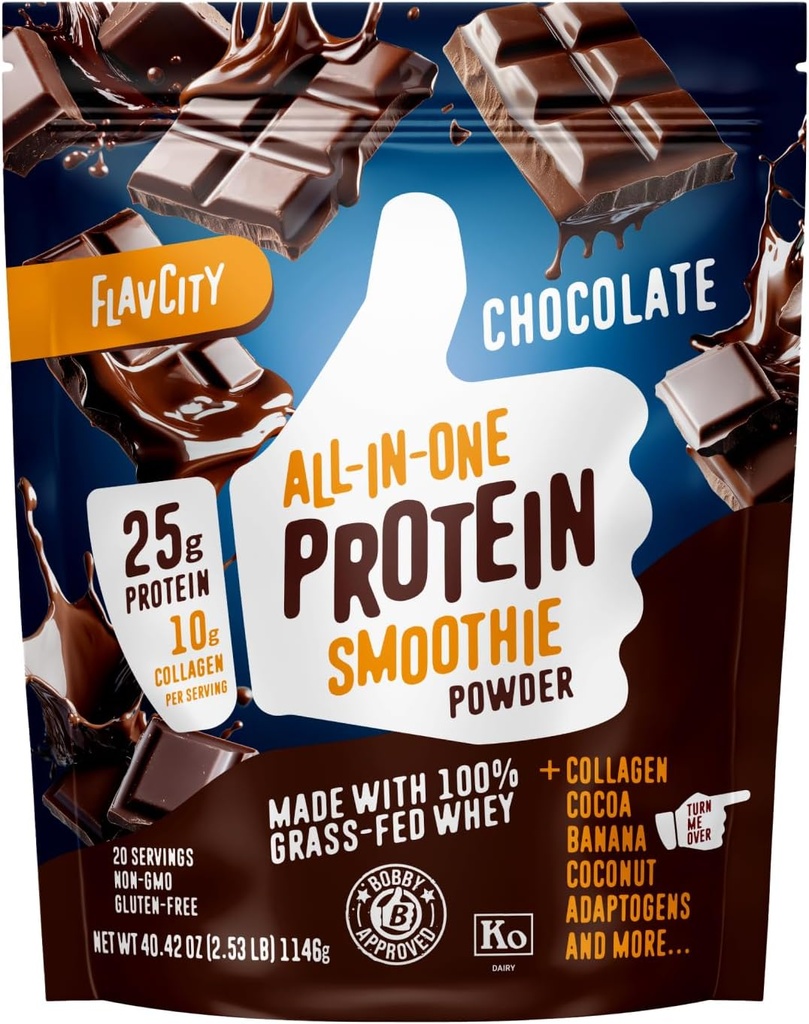 FlavCity Grass Fed Whey Chocolate Protein Powder - 25g Beljakovine & 10g Kolagen - Izdelano z organskim kakavom, bananami in kakavovim mlekom - Brez glutena in brez dodanih sladkorjev (20 obrokov)