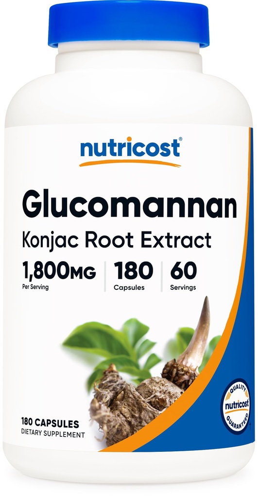 Nutricost Glucomannan 1.800mg na strežbo, 180 kapsul - naravni vir vlaknin, brez glutena