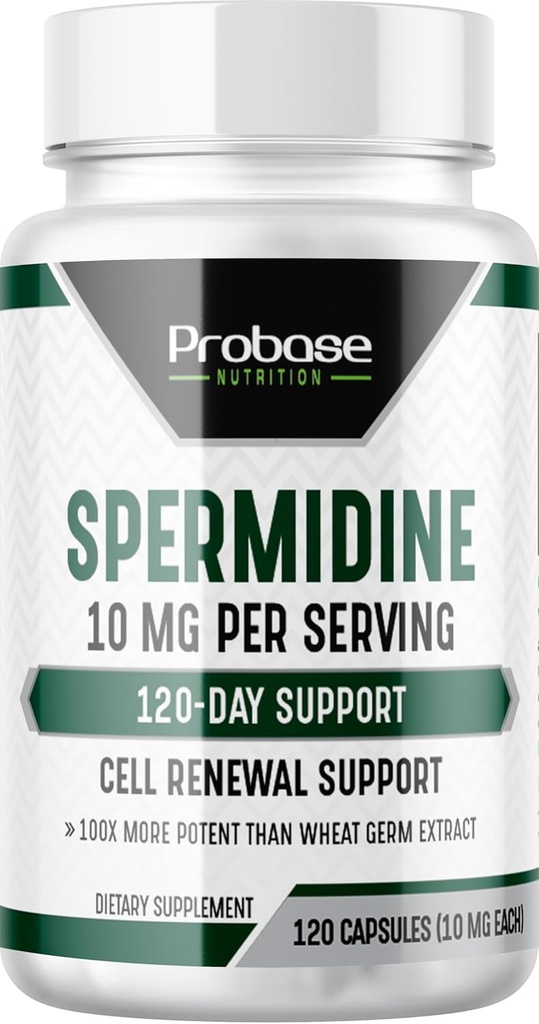Probase Nutrition Spermidin (10mg od 99% Spermidin 3HCL - tretja stran Tested) 120 kapsul - 100x Več Močen kot izvleček žitnih kalčkov, Telomere Zdravje in Oskrba 120-dnevno staranje - enako učinkovita kot NMN