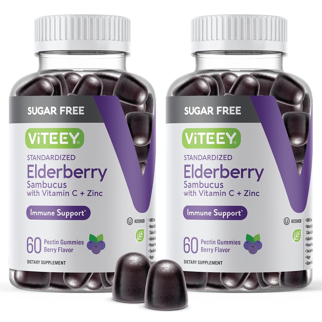 VITEEY Sambucus Elderberry Gumies za odrasle in najstnike + cink in vitamin C - brez sladkorja - Imunska podpora & Booster Zeliščni dodatek - Vegan, Gluten Free, želatina, brez GSO, Žvečljiva jagoda