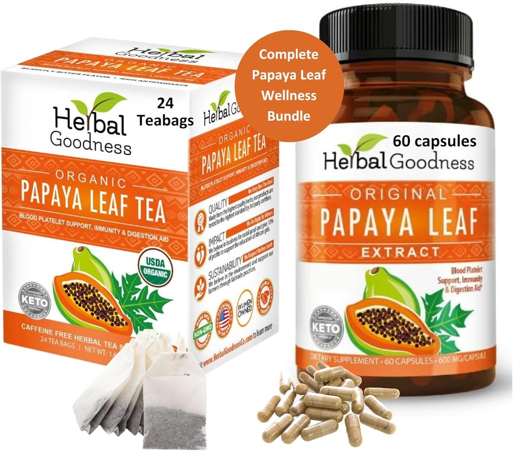 Papaya Leaf Extract kapsula in Papaya Leaf Tea Bundle - popolnoma podporo imunskega zdravja in prebavne Wellness