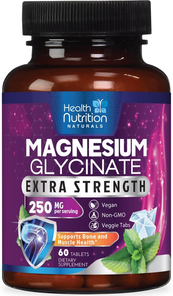 Magnezij Glycinate 250mg - 100% kelirani magnezij za Max Absorpcijo - podpora za spanje, mišice, živci, zdravje kosti in srca, Best Mag Supplement, Vegan Non-GMO, 3rd Party Tested - 60 tablet