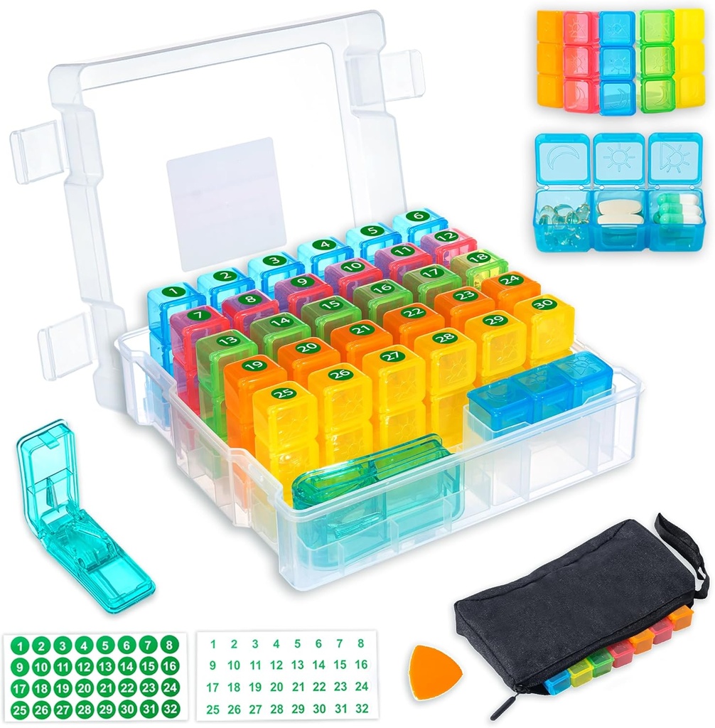 Mesečne tablete Organizator 3 krat na dan z 31-dnevno vlažilna škatla, tedenske tablete vrečka, tablete Cutter, Nalepke, Plastic Otvoritev Pick za enostavno uporabo, Prikladno dnevno zdravljenje upravljanje (bela)