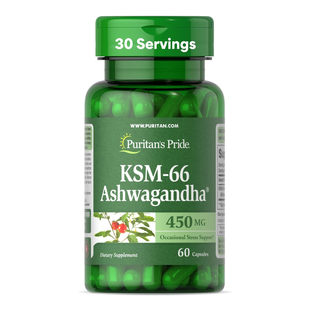 Puritan's Pride KSM-66 Ashwagandha® 450mg, visoko koncentrirani prehranski dodatek za lajšanje stresa, izboljšanje razpoloženja in podporo pomnilniku, 1 mesec dobave, 60 kapsul