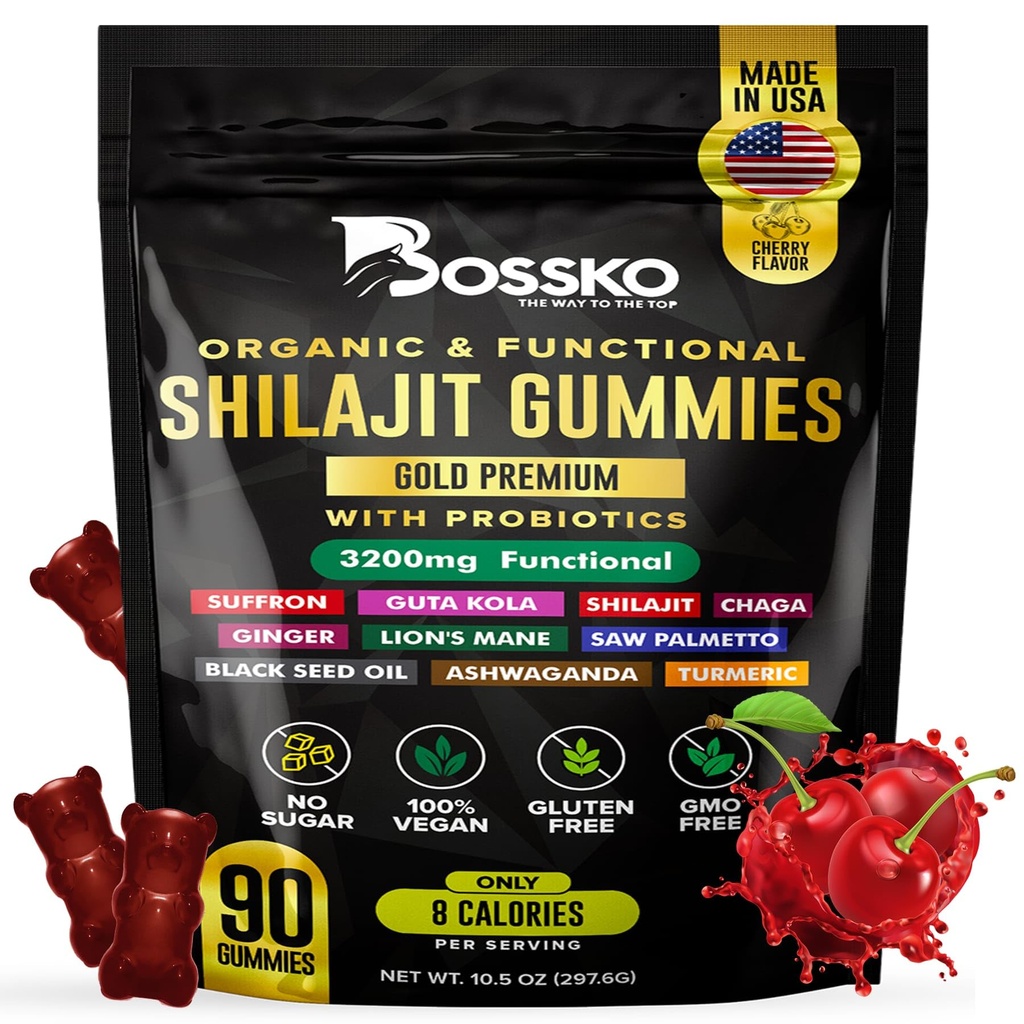 3200 MG Pure Himalajan Shilajit Gumies Organic za moške in ženske s probiotiki & Magnezij Ashwagnadha Chaga Kurvična kislina 105+ Trace Minerali I Vegan Non-GMO I Lab Tested I 90 Count
