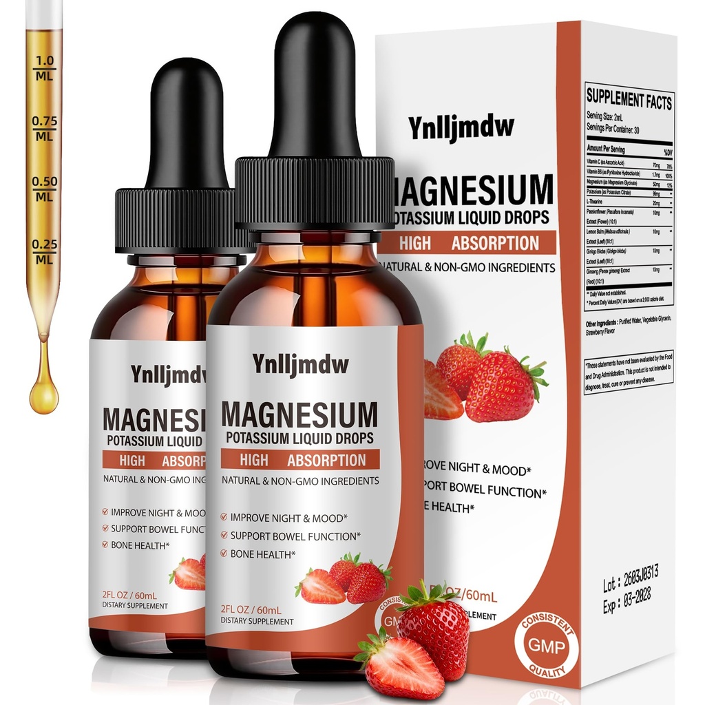 Magnezij Glycinate Tekoče kapljice, 1000 mg Tekoči magnezij dodatek z bromelainom, Vitamin B6 C D, Visoka absorpcija Magnezijev kompleks za noč, Mišice in energijska podpora, 2 Fl Oz (Pack of 2)