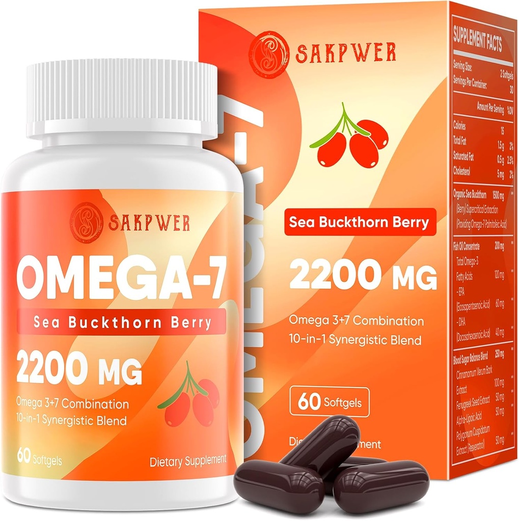 Omega-7 Sea Buckthorn Oil - z Omega-3 EPA/DHA ribje olje, Cinamomum, Fenugreek, ALA, Zeleni čaj, Kajenski poper, kurkuma, Resveratrol, Črni poper - Gluten-free, 60 Softgels