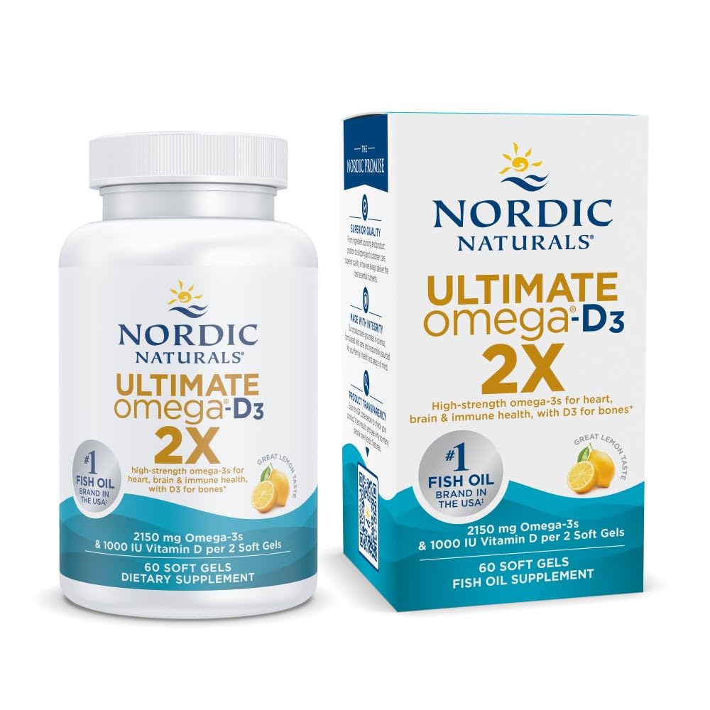 Nordic Naturals Ultimate Omega 2X z vitaminom D3, limonino aromo - 60 Soft Gels - 2150 mg Omega-3 + 1000 i.e. D3 - EPA & DHA - Možgani, srce, & Imunsko zdravje - 30