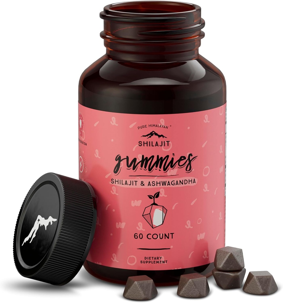 Čisti himalajski shilajit Gumies, brez sladkorja, 85+ Trace Minerali & Fulvic Acid for Energy, Presnova in Imunska podpora, Shilajit za moške in ženske, Ashwaghanda Gumies (60 grof)