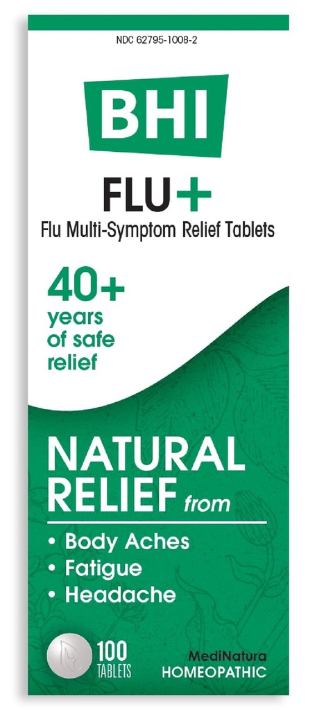 BHI Flu + Cold Multi-Simptom Relief Natural Safe Non-Drowsy Remedy 11 Ciljne homeopatske aktivne sestavine za telesne bolečine, utrujenost, mrzlica in glavobol - 100 tablet