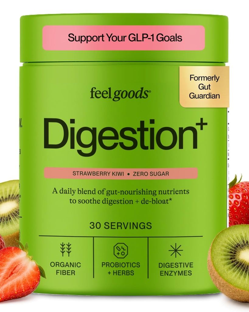 Feel Goods Gut Gut Guardian, Organic Fiber, Probiotic & Prebiotic Powder, Sugar Free, Herbs for Bloat, Gut Health Support, Digestive Health za moške in ženske, Non GSO, Vegan, Jagodna Kiwi, 30 Servings