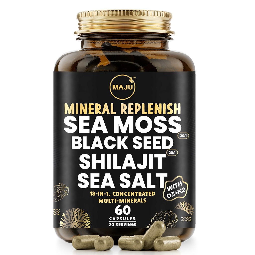 Maju Superfoods 18-in-1 Sea Moss, črno seme, Shilajit, morska sol + D3 & K2, koncentrirani ekstrakti, Trace Multi Mineralne kapsule, za moške in ženske Mineralne elektrolite dopolnila