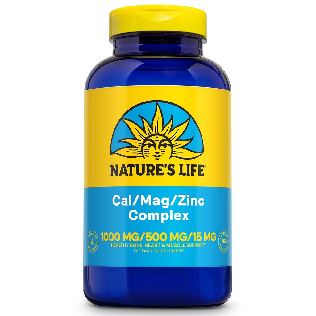 NATURE'S LIFE Cal Mag Cinkov kompleks 1000mg / 500mg / 15mg - Kalcij Magnezij Cinkov dodatek w/vitamin D in Boron - zdravje kosti, mišice in srce zdravje podpora, 60 Day garancija, 62 Serv, 250 Caps